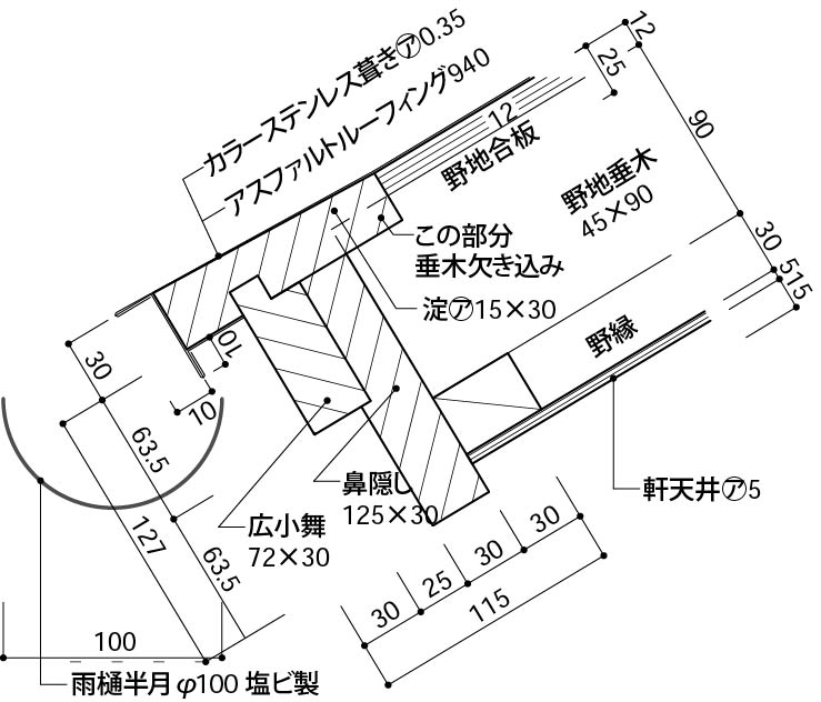 外樋の納まり_丸樋_屋根が急勾配の場合