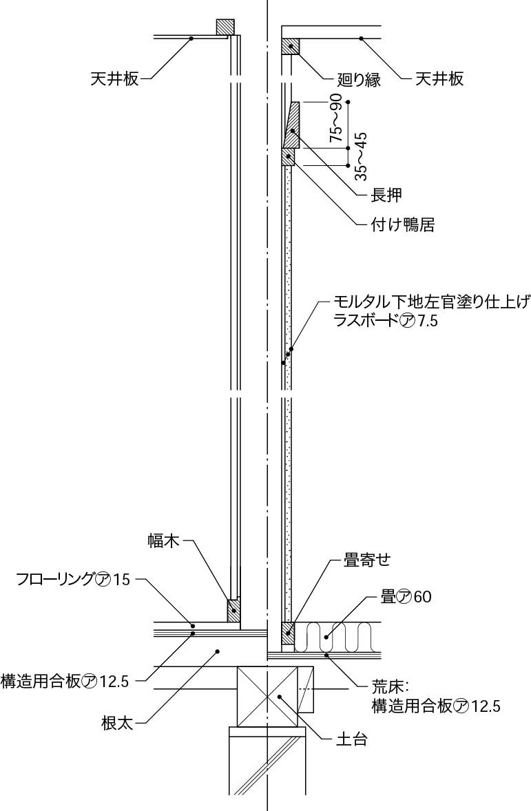 1_5_間仕切壁の層構成_大壁洋室_真壁和室_洋室_フローリング張り_床暖房なし