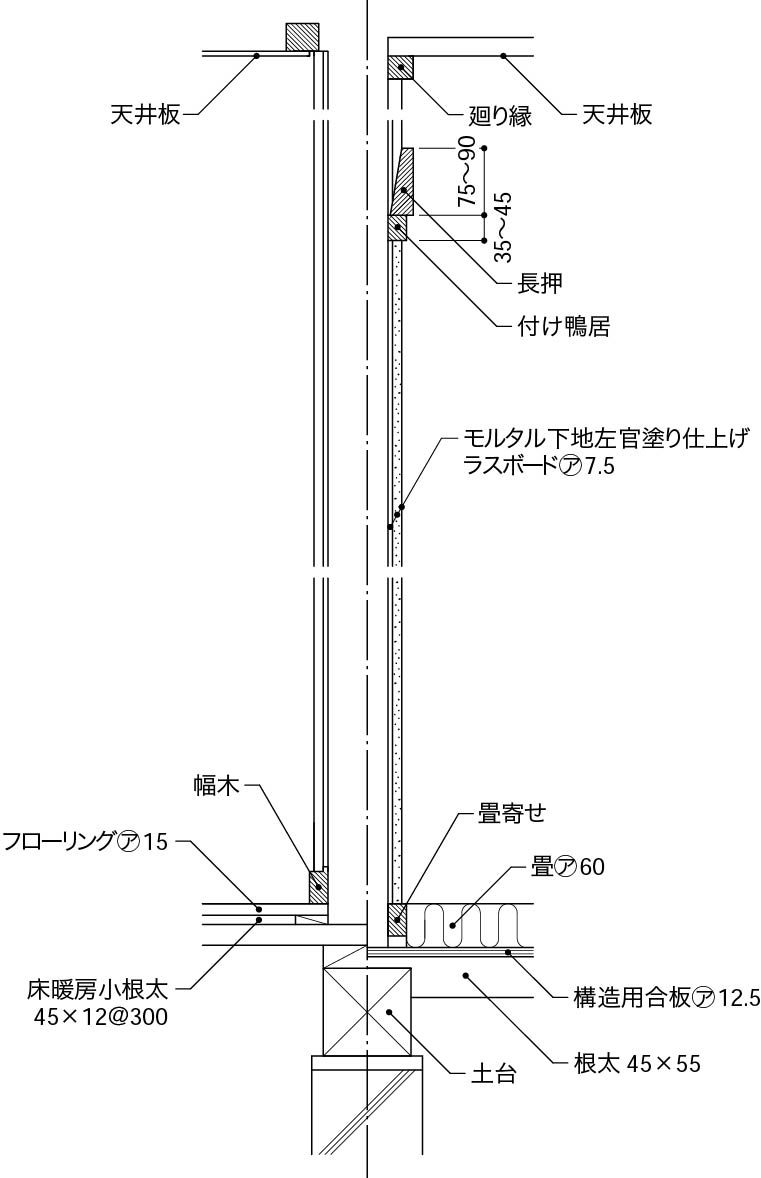 1_6_間仕切壁の層構成_大壁洋室_真壁和室_洋室_フローリング張り_床暖房あり